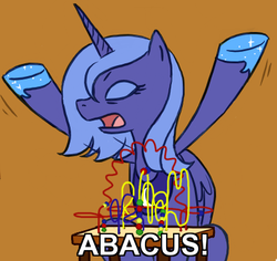 Size: 405x383 | Tagged: safe, princess luna, g4, abacus, caption, female, image macro, meme, parody, ponified meme, s1 luna, solo