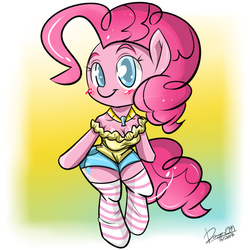 Size: 1000x1000 | Tagged: safe, artist:celine-artnsfw, pinkie pie, earth pony, anthro, unguligrade anthro, g4, breasts, cleavage, clothes, cute, diapinkes, female, socks, solo, striped socks
