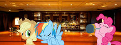 Size: 972x361 | Tagged: safe, artist:kathl33nr, applejack, pinkie pie, rainbow dash, g4, bar, bottle, drinking, irl, photo, ponies in real life, vector