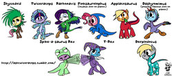 Size: 800x352 | Tagged: safe, artist:bunnimation, applejack, derpy hooves, fluttershy, pinkie pie, rainbow dash, rarity, spike, trixie, twilight sparkle, dinosaur, pony, g4, bipedal, clothes, costume, flailing, mane seven, mane six, text, twiceratops, younger