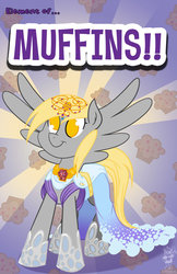 Size: 600x927 | Tagged: safe, artist:bunnimation, derpy hooves, pegasus, pony, g4, clothes, colored pupils, dress, element of harmony, element of muffins, female, food, muffin, muffin queen, solo, spread wings, text, wings