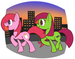 Size: 1973x1549 | Tagged: safe, artist:mister-markers, oc, oc only, oc:baby bottle, oc:streetsign, earth pony, pony, city, earth pony oc, open mouth