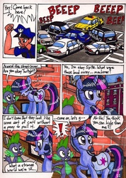 Size: 1280x1801 | Tagged: safe, artist:newyorkx3, spike, twilight sparkle, alicorn, dragon, pony, comic:twilight and the big city, g4, bag, cadillac, car, chevrolet, chevrolet suburban, comic, exclamation point, female, ford, ford crown victoria, male, mare, offscreen character, panting, raised hoof, saddle bag, taxi, traditional art, twilight sparkle (alicorn)