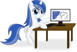 Size: 1090x733 | Tagged: safe, artist:psyxofthoros, oc, oc only, pony, unicorn, .svg available, computer, female, inkscape, mare, mascot, simple background, solo, table, transparent background, vector