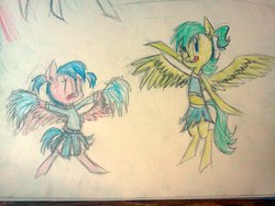 Size: 2048x1536 | Tagged: safe, artist:ipoxitye, oc, oc only, pegasus, pony, bipedal, cheerleader, clothes, midriff, skirt, traditional art