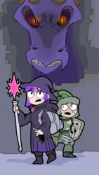 Size: 720x1280 | Tagged: safe, artist:hello, spike, twilight sparkle, dragon, human, g4, armor, dungeon, dungeons and dragons, fantasy class, humanized, light skin, shield, staff, sword