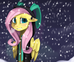 Size: 2325x1944 | Tagged: safe, artist:facerenon, fluttershy, pegasus, pony, g4, bipedal, bunny ears, clothes, dangerous mission outfit, female, hoodie, mare, snow, snowfall, solo