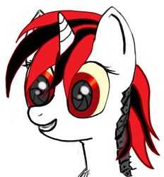 Size: 653x704 | Tagged: safe, oc, oc only, oc:blackjack, cyborg, pony, unicorn, fallout equestria, fallout equestria: project horizons, bust, fanfic, fanfic art, female, grin, horn, mare, portrait, simple background, smiling, solo, white background