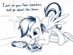 Size: 1024x768 | Tagged: safe, artist:rainbow, rainbow dash, pegasus, pony, g4, bronybait, clothes, creepy rainbow dash, cute, dashabetes, female, fetish, mare, monochrome, shoes, simple background, sneakers, sneakers fetish, solo, text, white background