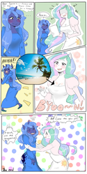 Size: 1000x2000 | Tagged: safe, artist:kickitdown, princess celestia, princess luna, human, anthro, g4, ambiguous facial structure, beach, breasts, busty princess celestia, cleavage, comic, female, humanized, pony coloring, s1 luna, wat