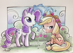 Size: 900x659 | Tagged: safe, artist:agnesgarbowska, applejack, rarity, g4, flower, magic, makeover, traditional art, watercolor painting
