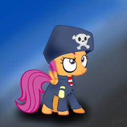 Size: 691x693 | Tagged: safe, artist:fullmetalpikmin, scootaloo, g4, candle cove, clothes, costume, female, pirate, pirate percy, solo