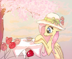 Size: 987x810 | Tagged: safe, artist:inky-pinkie, fluttershy, g4, cherry blossoms, cottagecore, female, flower, hat, scenery, solo, table, tea, teacup