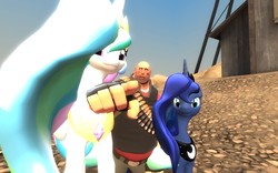 Size: 1680x1050 | Tagged: safe, princess celestia, princess luna, human, g4, 3d, gmod, heavy (tf2), team fortress 2