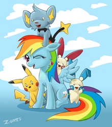 Size: 1500x1703 | Tagged: safe, artist:cybertoaster, rainbow dash, minun, pikachu, plusle, shinx, g4, crossover, pokémon