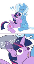 Size: 870x1600 | Tagged: safe, artist:sion, trixie, twilight sparkle, alicorn, pony, g4, :o, :t, breasts, confused, exclamation point, female, glare, interrobang, lesbian, mare, open mouth, question mark, semi-vulgar, ship:twixie, shipping, simple background, sitting, smiling, twilight sparkle (alicorn), wat, wide eyes