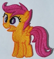 Size: 773x842 | Tagged: safe, artist:ethepony, scootaloo, pony, g4, embroidery, female, filly, foal, grin, palindrome get, patch, smiling, solo