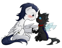 Size: 990x770 | Tagged: safe, artist:secret-pony, oc, oc only, oc:kuno, oc:warden, changeling, pegasus, pony, fanfic:an affliction of the heart, bell, bell collar, blushing, changeling oc, collar, cute, fanfic art, fanfic cover, simple background, transparent background