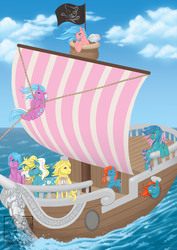 Size: 3508x4961 | Tagged: safe, artist:baby-blue-bell, barnacle, beach ball (g1), mainsail, seaflower, stardancer (g1), swirly whirly, waterfire, wingsong (g1), g1, g3, rule 63, ship