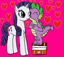 Size: 1024x914 | Tagged: safe, artist:bigpurplemuppet99, rarity, spike, dragon, pony, unicorn, g4, book, duo, female, heart, kissing, male, ship:sparity, shipping, straight, watermark