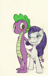 Size: 1223x1931 | Tagged: safe, artist:thepiplup, rarity, spike, dragon, pony, unicorn, g4, blushing, female, heart eyes, looking at each other, male, mare, missing horn, ship:sparity, shipping, straight, wingding eyes