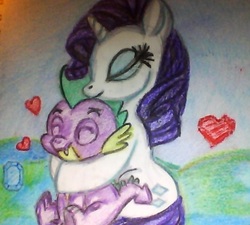 Size: 529x477 | Tagged: safe, artist:mistresscarrie, rarity, spike, dragon, pony, unicorn, g4, ^^, cute, daaaaaaaaaaaw, duo, eyelashes, eyes closed, eyeshadow, female, gem, heart, hug, hug from behind, makeup, male, mare, ship:sparity, shipping, sitting, smiling, straight