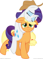 Size: 3500x4800 | Tagged: safe, artist:mewball, artist:yanoda, applejack, rarity, earth pony, pony, unicorn, g4, absurd resolution, accessory swap, cowboy hat, cute, eyes closed, female, floppy ears, hat, hug, lesbian, mare, ponies riding ponies, rarity riding applejack, riding, ship:rarijack, shipping, simple background, smiling, stetson, transparent background