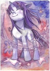 Size: 779x1100 | Tagged: safe, artist:paulina-ap, twilight sparkle, g4, eyes closed, female, flower, smiling, solo, standing, traditional art, watercolor painting, windswept mane