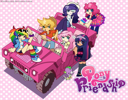 Size: 1532x1200 | Tagged: safe, artist:kleekay423, angel bunny, applejack, fluttershy, pinkie pie, rainbow dash, rarity, spike, twilight sparkle, dragon, human, rabbit, g4, animal, anime, car, clothes, crossover, female, hat, humanized, humvee, light skin, looking at you, mane seven, mane six, moderate dark skin, one eye closed, open mouth, panty and stocking with garterbelt, parody, smiling, style emulation, wink
