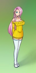 Size: 640x1280 | Tagged: safe, artist:scorpdk, fluttershy, human, g4, adorasexy, big breasts, bottomless, breasts, busty fluttershy, choker, cleavage, clothes, cute, female, hairpin, humanized, light skin, looking at you, sexy, smiling, smiling at you, solo, sweater, sweatershy, thigh highs