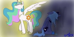 Size: 900x451 | Tagged: safe, artist:roxsasdoll, princess celestia, princess luna, g4, duo, s1 luna, sad