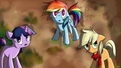 Size: 1024x576 | Tagged: safe, artist:roxsasdoll, applejack, rainbow dash, twilight sparkle, g4, attack on titan, trio