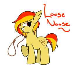 Size: 948x843 | Tagged: safe, artist:roxsasdoll, oc, oc only, oc:loose noose, earth pony, pony, grin, mouth hold, name, noose, rope, simple background, smiling, solo, transparent background