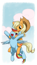 Size: 644x1130 | Tagged: safe, artist:sa_eku, applejack, rainbow dash, g4, applejack riding rainbow dash, flying, happy, hat, open mouth, pixiv, ponies riding ponies, riding, smiling, worried