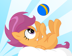 Size: 3000x2314 | Tagged: safe, artist:kas92, artist:scourge707, scootaloo, pegasus, pony, g4, ball, cloud, cute, cutealoo, female, filly, on a cloud, on back, playing, smiling, solo