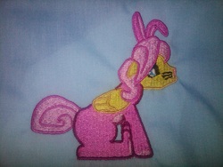 Size: 1024x768 | Tagged: safe, artist:ethepony, fluttershy, g4, bunny costume, bunnyshy, butterscotch, clothes, embroidery, patch, rule 63