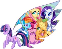 Size: 800x633 | Tagged: safe, artist:g-blue16, applejack, fluttershy, pinkie pie, rainbow dash, rarity, twilight sparkle, earth pony, pegasus, pony, unicorn, g4, applejack's hat, cowboy hat, female, freckles, hat, laughing, mane six, mare, open mouth, simple background, smiling, stetson, transparent background, wings