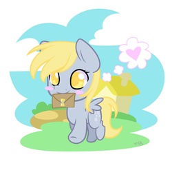 Size: 5000x5000 | Tagged: safe, artist:derpiliciouspony, derpy hooves, doctor whooves, time turner, pegasus, pony, g4, absurd resolution, blushing, chibi, female, heart, letter, mail, mare, mouth hold, ship:doctorderpy, shipping, solo, straight