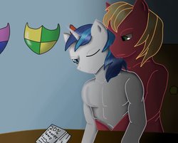 Size: 998x801 | Tagged: safe, anonymous artist, big macintosh, shining armor, earth pony, anthro, g4, clothes, gay, male, ship:shiningmac, shipping, topless