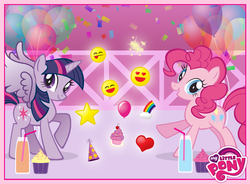 Size: 720x531 | Tagged: safe, pinkie pie, twilight sparkle, alicorn, pony, g4, official, :d, :p, balloon, confetti, cupcake, drink, female, glass, hat, heart, heart eyes, logo, mare, my little pony logo, party hat, rainbow, stars, stock vector, straw, twilight sparkle (alicorn)