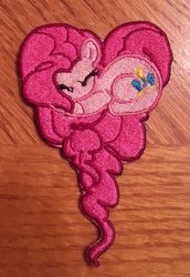 Size: 1034x1500 | Tagged: safe, artist:bamboodog, artist:ethepony, pinkie pie, g4, embroidery, heart pony, irl, patch, photo