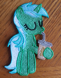Size: 749x948 | Tagged: safe, artist:ethepony, lyra heartstrings, pony, unicorn, g4, cup, drink, embroidery, female, irl, patch, photo, solo