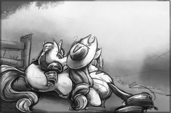 Size: 1280x851 | Tagged: safe, artist:bantha, applejack, rarity, pony, g4, butt pillow, duo, female, fence, grayscale, lesbian, monochrome, ship:rarijack, shipping