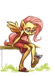 Size: 2331x3212 | Tagged: safe, artist:holivi, fluttershy, butterfly, pegasus, anthro, plantigrade anthro, g4, feet, female, mare, sandals, solo