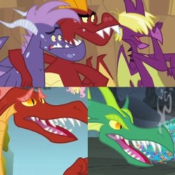 Size: 300x300 | Tagged: safe, screencap, basil, fluttershy, garble, reginald, spear (g4), vex, dragon, dragon quest, dragonshy, g4, owl's well that ends well, collage, cropped, teenaged dragon