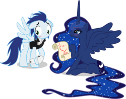 Size: 10453x8244 | Tagged: safe, artist:benybing, princess luna, soarin', alicorn, pegasus, pony, g4, absurd resolution, bedroom eyes, blushing, clothes, duo, female, floppy ears, heart, hoof hold, male, mare, missing accessory, scroll, shipping, shirt, shy, simple background, sitting, smiling, soaruna, spread wings, stallion, straight, transparent background, vector