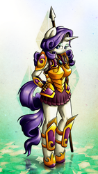 Size: 2160x3840 | Tagged: safe, artist:tenart, rarity, anthro, unguligrade anthro, g4, armor, armor skirt, clothes, female, hand on hip, skirt, solo, spear