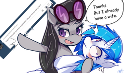 Size: 1188x700 | Tagged: safe, artist:hua, dj pon-3, octavia melody, vinyl scratch, earth pony, pony, unicorn, ask trolltavia, g4, ask, blushing, duo, female, lesbian, ship:scratchtavia, shipping, sunglasses, tumblr, wavy mouth