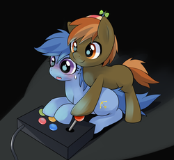 Size: 1004x922 | Tagged: safe, artist:apricolor, archer (character), button mash, scootablue, earth pony, pony, g4, archmash, blushing, controller, joystick, shipping
