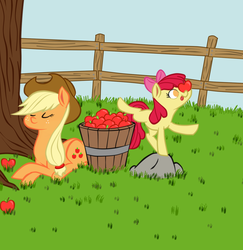 Size: 1300x1340 | Tagged: safe, artist:jigglybelle, apple bloom, applejack, g4, apple, balancing, basket, grass, ponies balancing stuff on their nose, tree